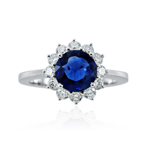 Sapphire Round and Diamond Cluster Ring