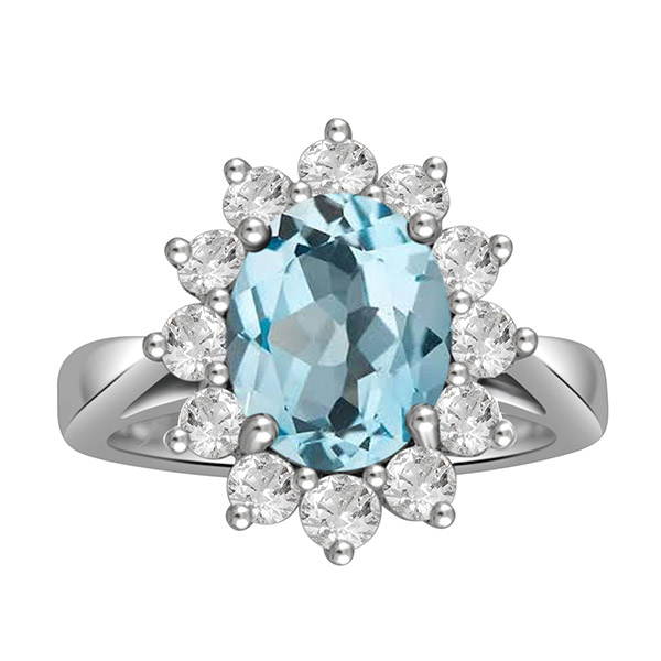 Aquamarine Oval and Diamond Cluster Ring