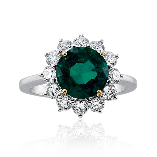 Emerald Round and Diamond Cluster Ring