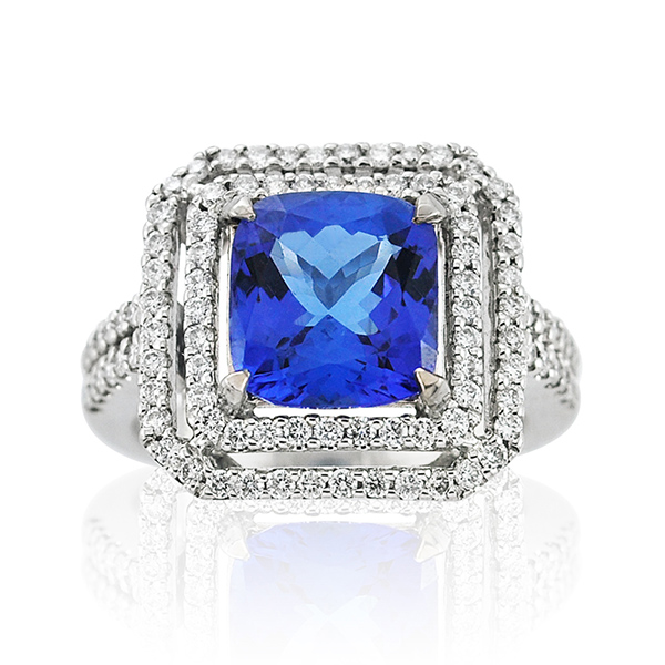 Sapphire Cushion And Diamond Micro Set Double Halo Ring