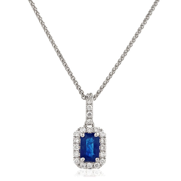 Sapphire Emerald Cut and Diamond Halo Pendant Necklace