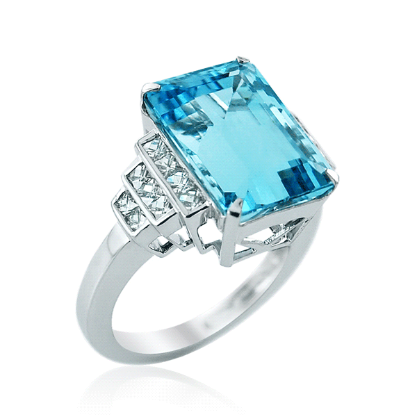 Aquamarine Octagon and French Cut Diamond Ring