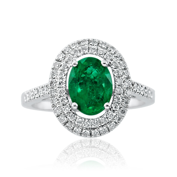 Emerald Oval and Double Halo Diamond Ring