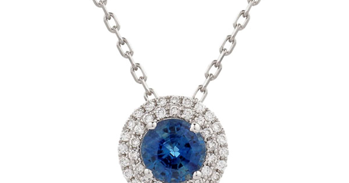 Sapphire Round and Diamond Double Halo Pendant Necklace