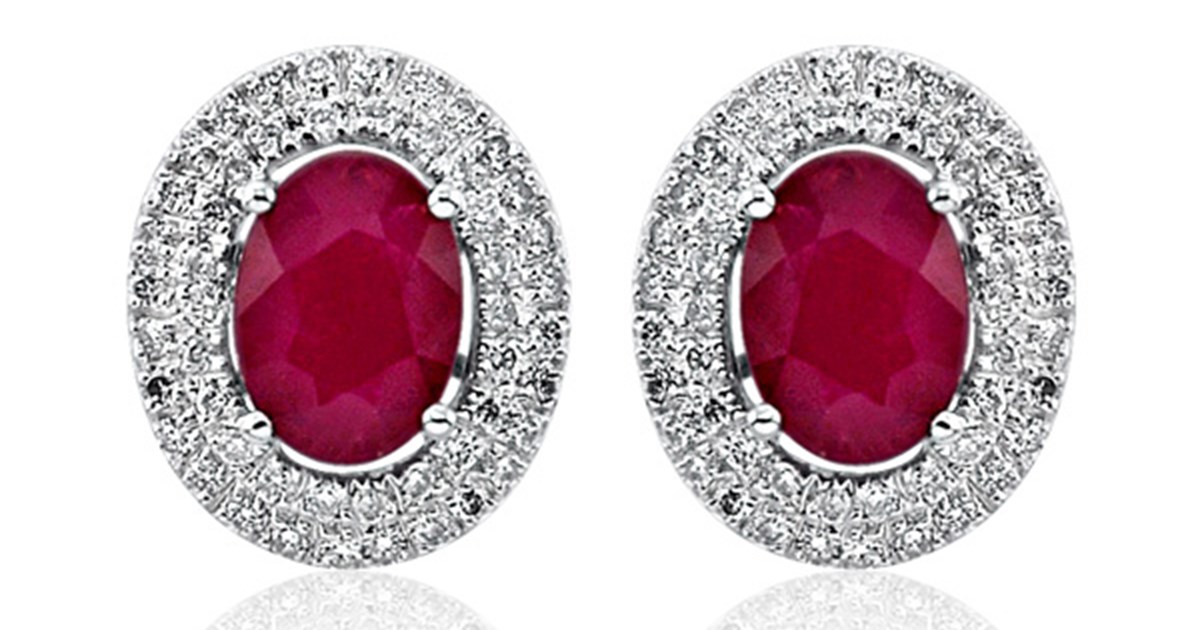 Ruby Oval and Diamond Double Halo Earrings